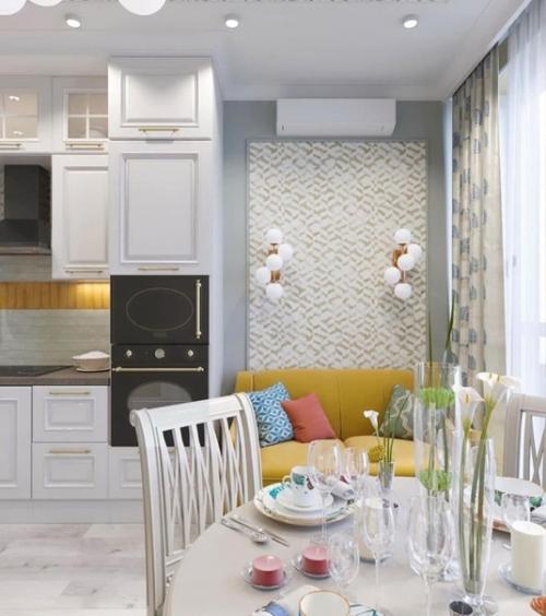 Желтый диван - это яркий акцентный элемент кухни - гостиной, который задает настроение всему интерьеру. 01