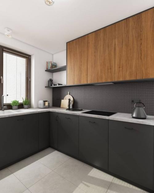 Сочетание дерева и черного цвета на кухне. 01