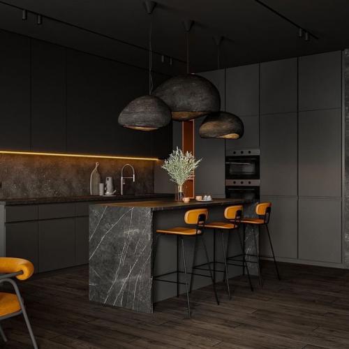 Сочетание чёрного и оранжевого делает эту комнату особенной, а подсветка в тёплом оранжевом цвете подчеркивает все детали. 04