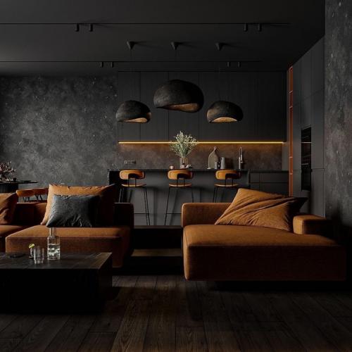 Сочетание чёрного и оранжевого делает эту комнату особенной, а подсветка в тёплом оранжевом цвете подчеркивает все детали. 06