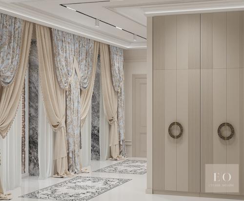 Проект дизайна интерьера гостиной и коридора загородного дома в стиле современной классики с восточными элементами. 05