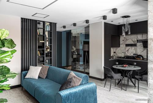 Современный интерьер кухни - гостиной в квартире молодого холостяка в минской новостройке. 04