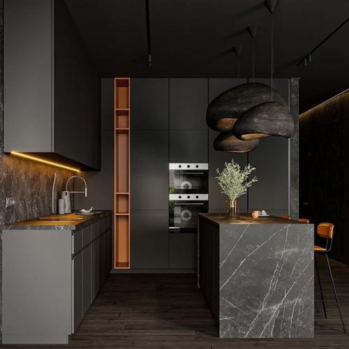 Сочетание чёрного и оранжевого делает эту комнату особенной, а подсветка в тёплом оранжевом цвете подчеркивает все детали. 02