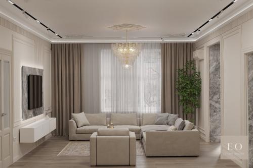 Проект дизайна интерьера гостиной и коридора загородного дома в стиле современной классики с восточными элементами. 04