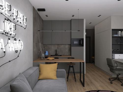 Проект квартиры - студии 24, 9 м 2. интерьер в современном стиле с элементами лофта. 02