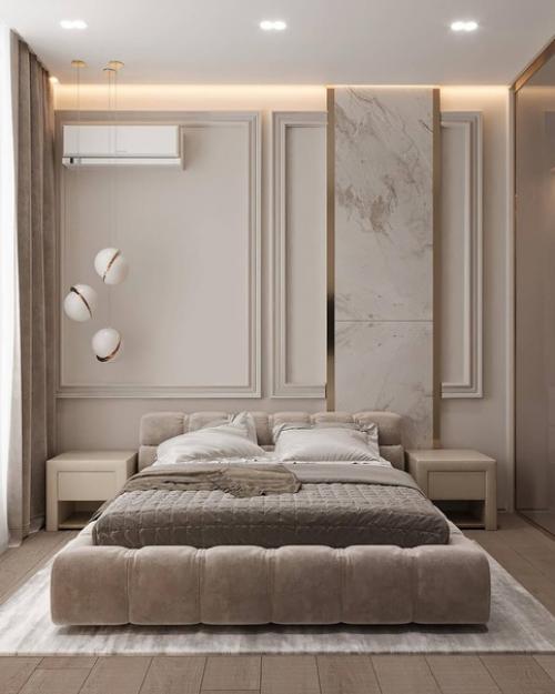 Интерьер спальни в бежевом цвете с золотыми акцентами. 01