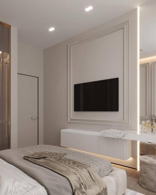 Интерьер спальни в бежевом цвете с золотыми акцентами. 02