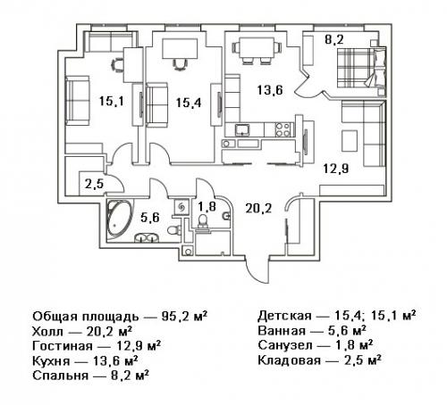 Нюансы цвета.  Дизайн - проект квартиры 95, 2 кв. 06