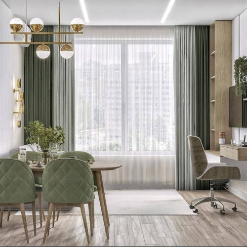 Идея интерьера кухни - гостиной с зелёными акцентами. 02