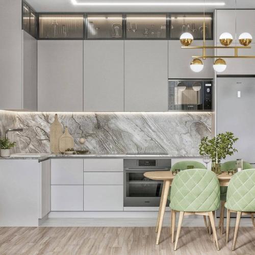 Идея интерьера кухни - гостиной с зелёными акцентами. 03