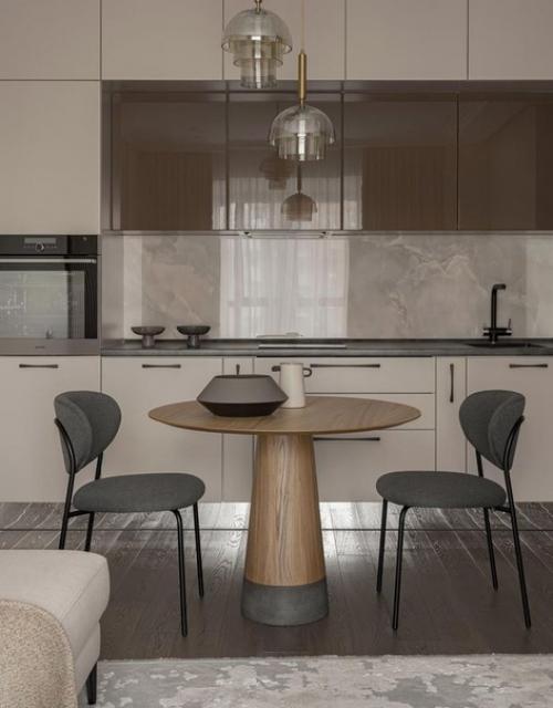 Современный интерьер кухни - гостиной в очень приятной, спокойной цветовой гамме. 01