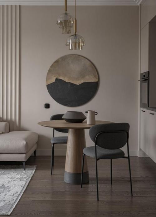 Современный интерьер кухни - гостиной в очень приятной, спокойной цветовой гамме. 02