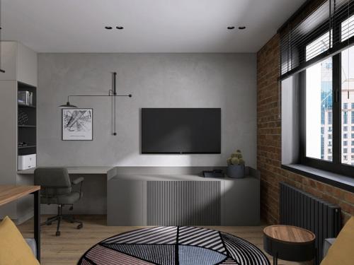 Проект квартиры - студии 24, 9 м 2. интерьер в современном стиле с элементами лофта. 06