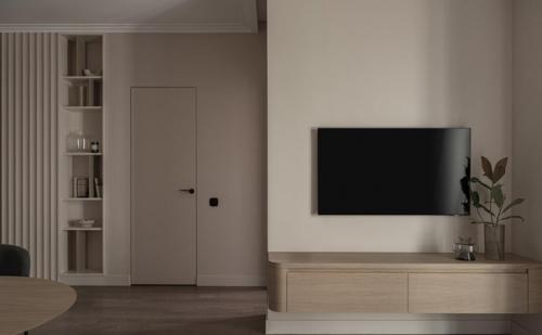 Современный интерьер кухни - гостиной в очень приятной, спокойной цветовой гамме. 06