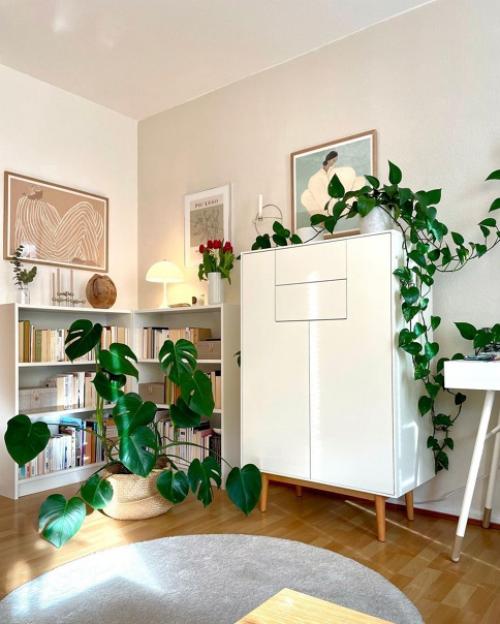 Бежево - розовая гостиная с интересной зоной рабочего стола и маленькой библиотекой. 03