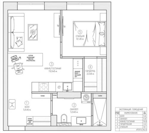 Современный интерьер квартиры площадью 42. 09