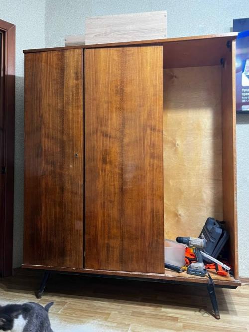 Здравствуйте!  С новой квартирой нам достался старый советский лакированный шкаф в изысканном тараканьем цвете. 01