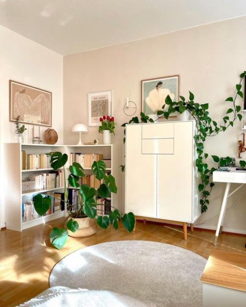 Бежево - розовая гостиная с интересной зоной рабочего стола и маленькой библиотекой. 04