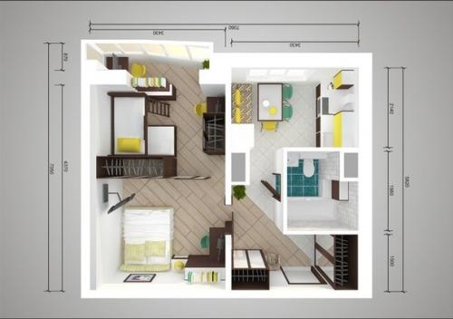 Планировка: пять решений для однокомнатной квартиры в домах серии П - 44 Т. 03