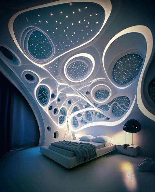 Архитектурный дизайнер вдохновился картиной ван Гога Звездная Ночь и создал интерьер через нейросеть в стиле данной картины. 05