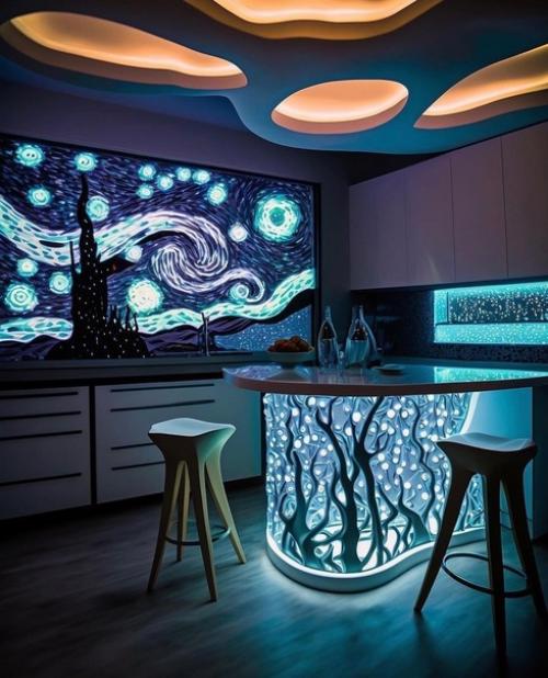 Архитектурный дизайнер вдохновился картиной ван Гога Звездная Ночь и создал интерьер через нейросеть в стиле данной картины. 02