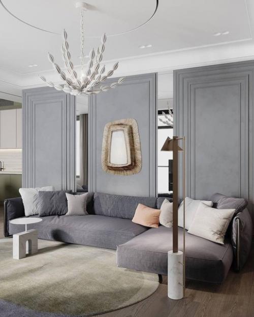 Для оформления интерьера Кухни - Гостиной лучше использовать светлые тона, такие как бежевый или серый в сочетании с белым цветом. 03