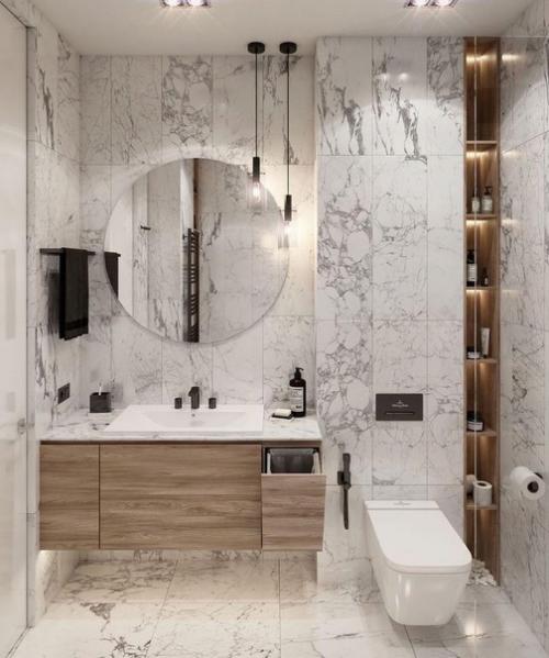 Мрамор и дерево в ванной комнате прекрасно дополняют друг друга. 02