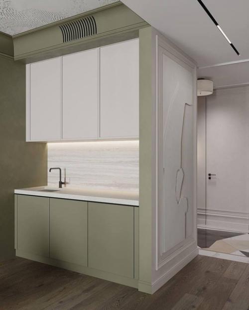 Для оформления интерьера Кухни - Гостиной лучше использовать светлые тона, такие как бежевый или серый в сочетании с белым цветом. 04