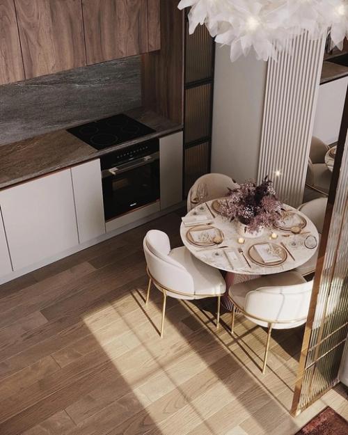 Элегантный интерьер кухни - гостиной в Москве. 01