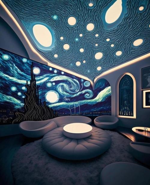 Архитектурный дизайнер вдохновился картиной ван Гога Звездная Ночь и создал интерьер через нейросеть в стиле данной картины. 07