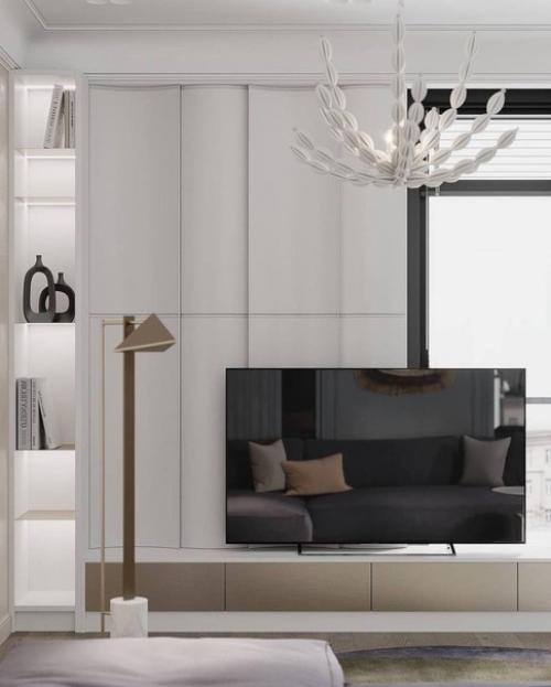 Для оформления интерьера Кухни - Гостиной лучше использовать светлые тона, такие как бежевый или серый в сочетании с белым цветом. 01