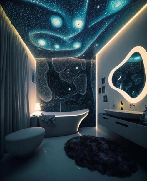 Архитектурный дизайнер вдохновился картиной ван Гога Звездная Ночь и создал интерьер через нейросеть в стиле данной картины. 06