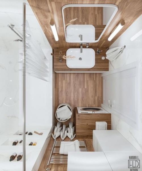 Мрамор и дерево в ванной комнате прекрасно дополняют друг друга. 06