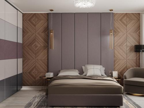Стильная спальня.  Сочетание серых оттенков, древесных панелей и капелькой фиолетового оттенка. 02