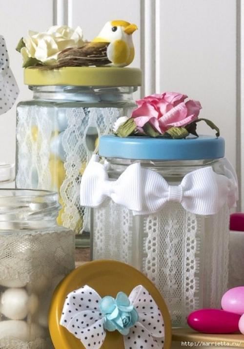 Декорирование баночек кружевом и лентами. 06