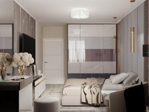 Стильная спальня.  Сочетание серых оттенков, древесных панелей и капелькой фиолетового оттенка. 01