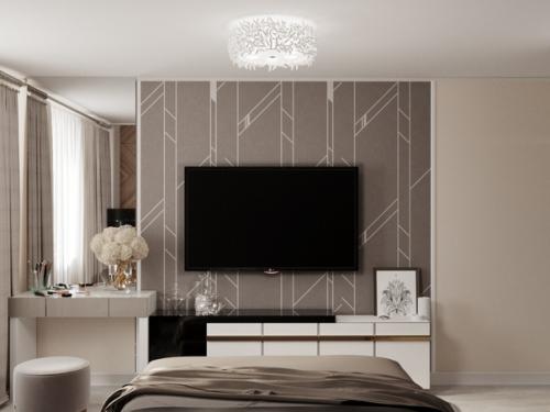 Стильная спальня.  Сочетание серых оттенков, древесных панелей и капелькой фиолетового оттенка. 03