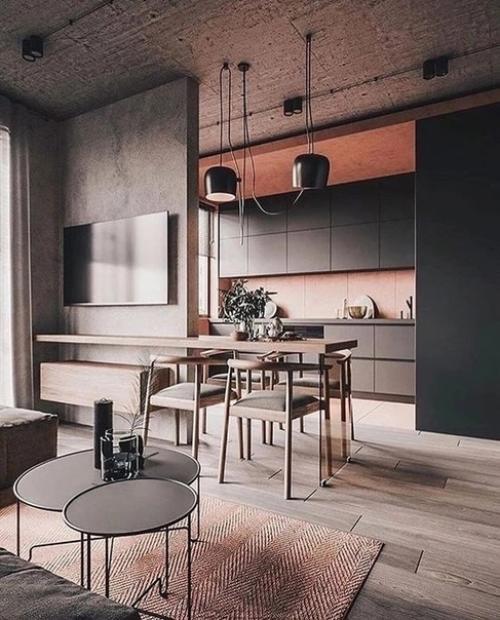 Яркие акценты в интерьере квартиры с бетонными грубыми стенами. 04