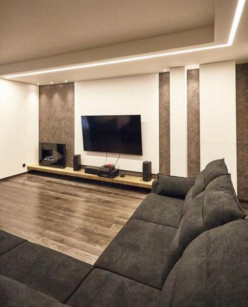 Современный монохромный интерьер общего пространства кухни - столовой и гостиной в ЖК парадный квартал. 07