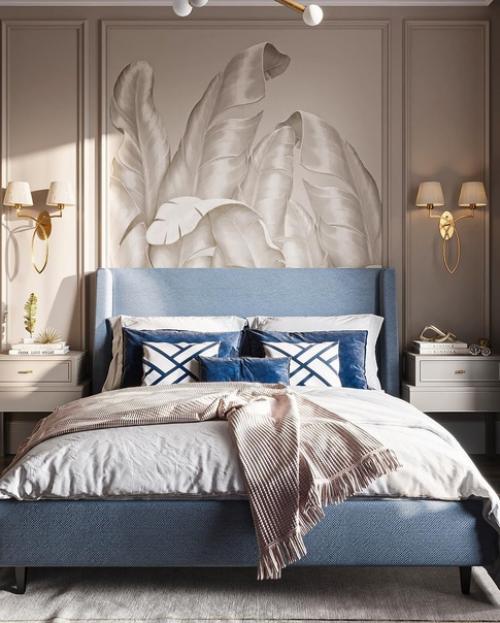 Фантастическая спальня с эффектным панно за изголовьем кровати, изысканные аксессуары и конечно же потрясающий текстиль. 02