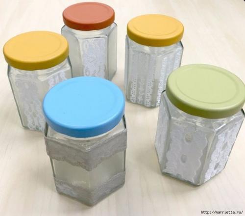 Декорирование баночек кружевом и лентами. 04