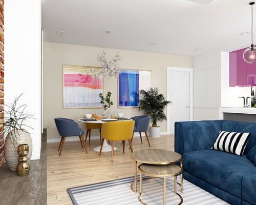 Яркая кухня - гостиная для молодой девушки. 03