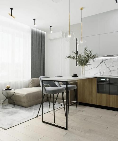 Нежный, воздушный интерьер кухни - гостиной. 01