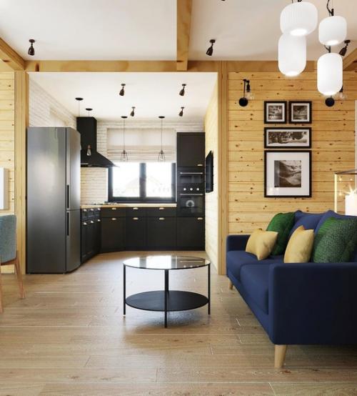 Зоны кухни, гостиной, столовой в загородном доме. 02