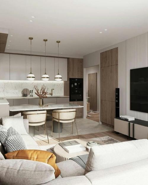 Теплый интерьер с отделкой из белого мрамора. 02