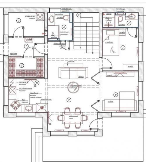 Зоны кухни, гостиной, столовой в загородном доме. 07