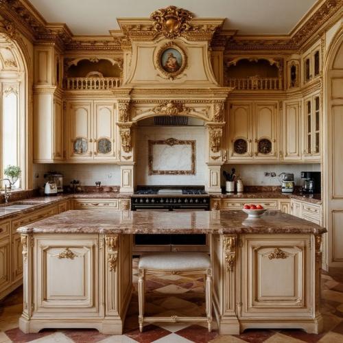 Стиль барокко в интерьере кухни подразумевает использование дорогих материалов и декоративных элементов. 01