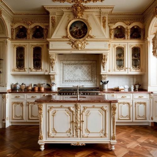 Стиль барокко в интерьере кухни подразумевает использование дорогих материалов и декоративных элементов. 04