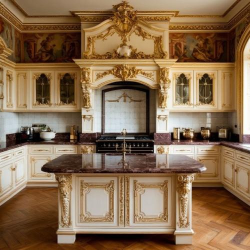 Стиль барокко в интерьере кухни подразумевает использование дорогих материалов и декоративных элементов. 02