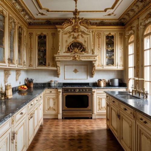 Стиль барокко в интерьере кухни подразумевает использование дорогих материалов и декоративных элементов. 05
